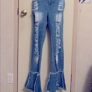 Pink flamingo distressed bell bottom denim